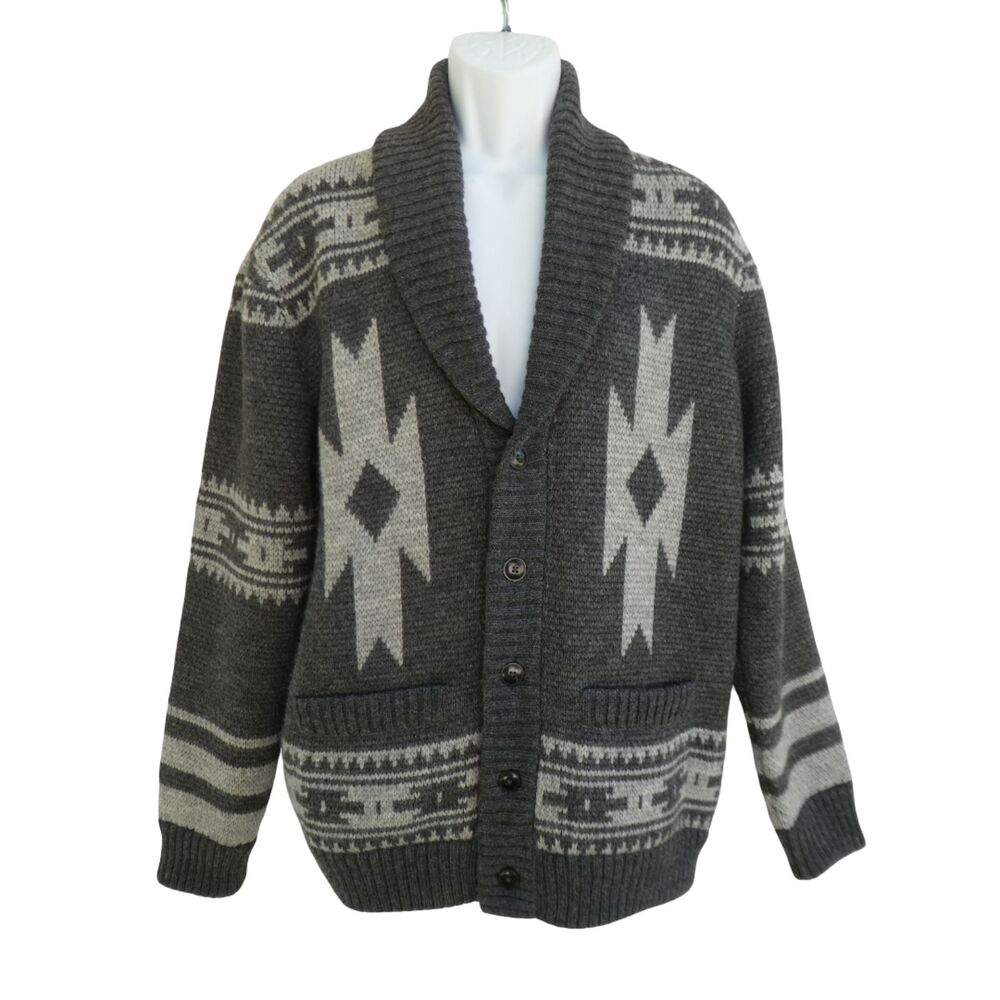 Faherty SPJ Thunderbird Cardigan Gray Charcoal Knit Shawl Collar Southwestern L